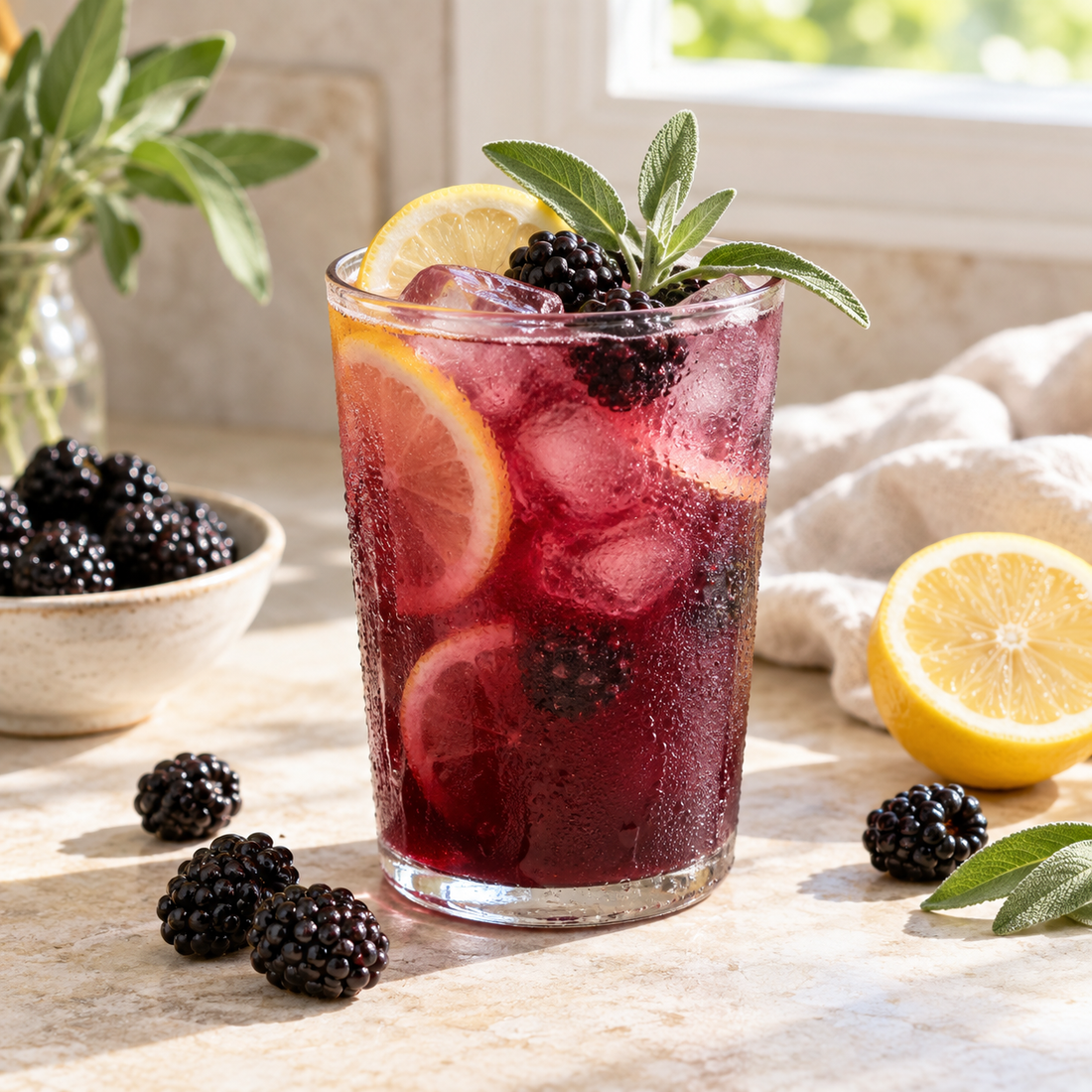 Blackberry sage lemonade with ice, fresh blackberries, and lemon in a glass