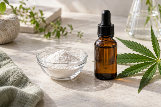 Illustration comparing CBD powder and oil beside a research chart