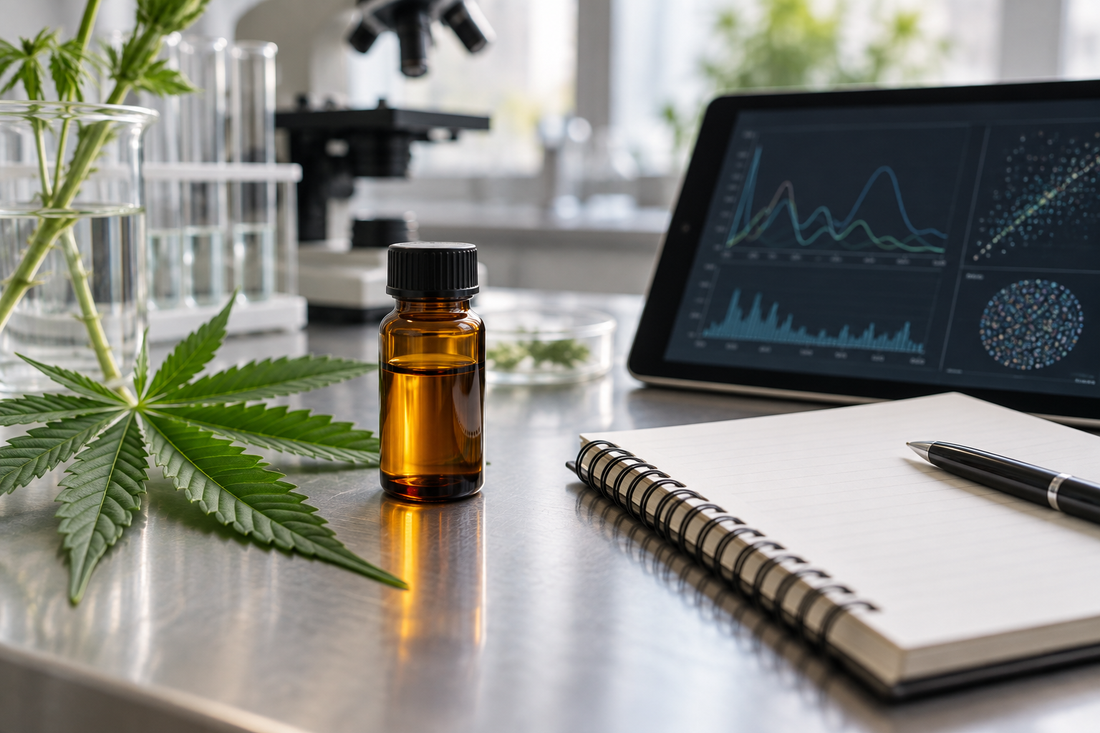 Illustration of CBG research with hemp leaves and laboratory glassware