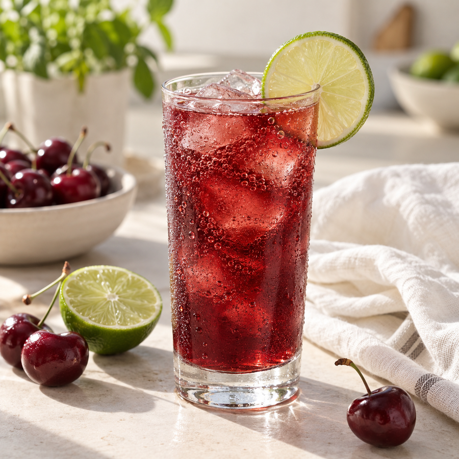 Cherry lime sparkling cooler with ice and lime in a tall glass