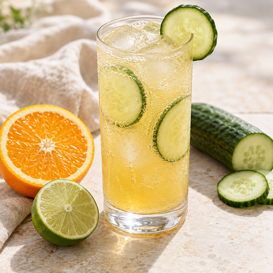 Cucumber citrus sparkling drink with orange and lime in a clear glass