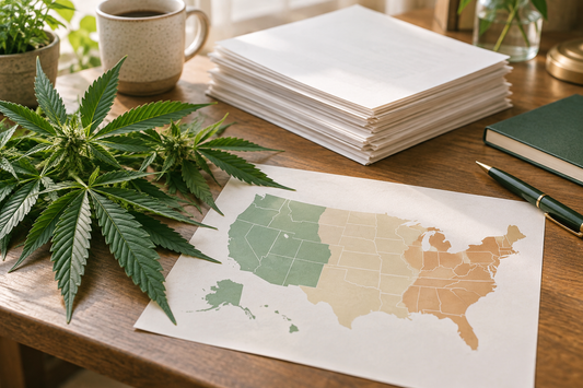 Illustrated United States map with hemp leaves and state boundaries