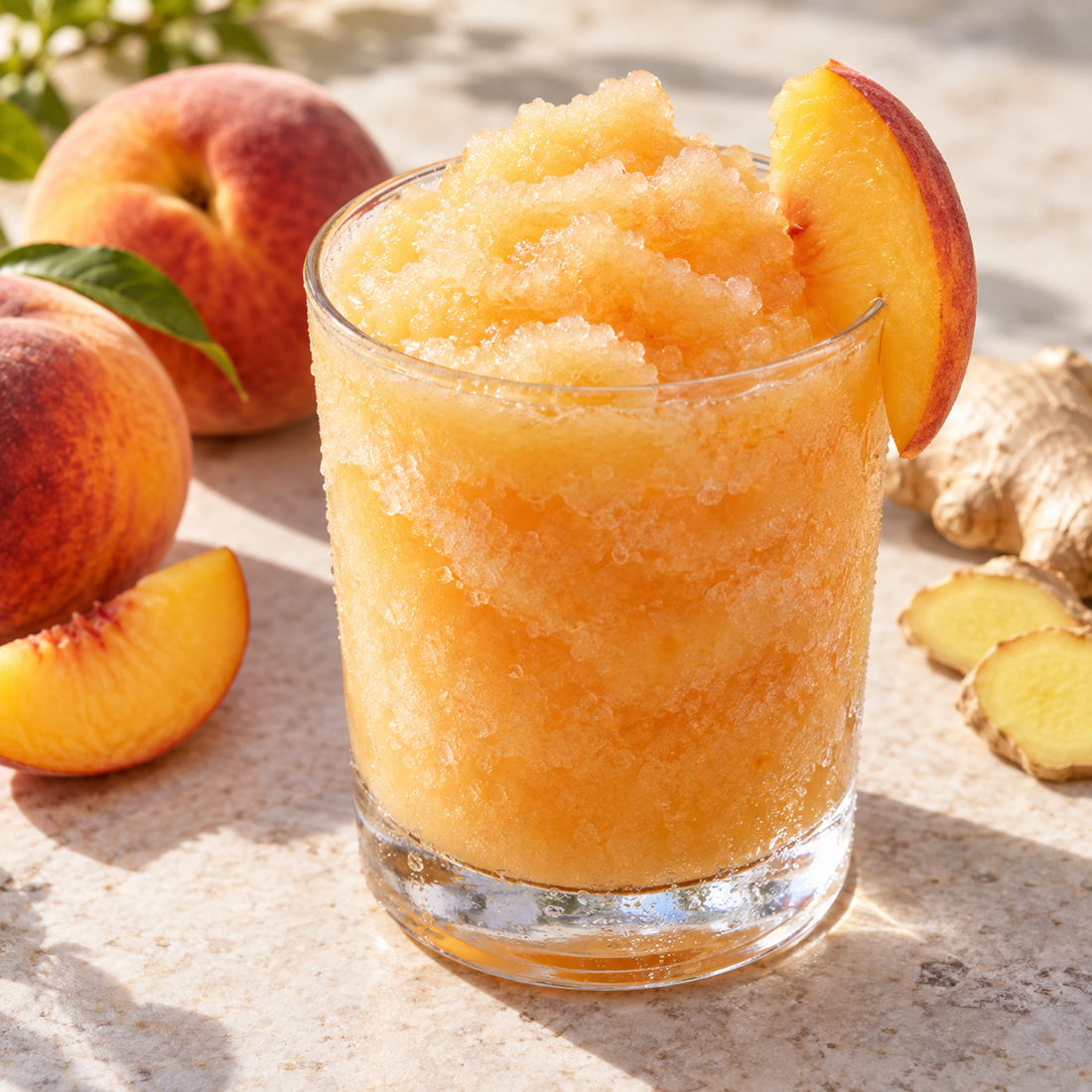 Frozen peach ginger slush in a glass with peach slices and lime