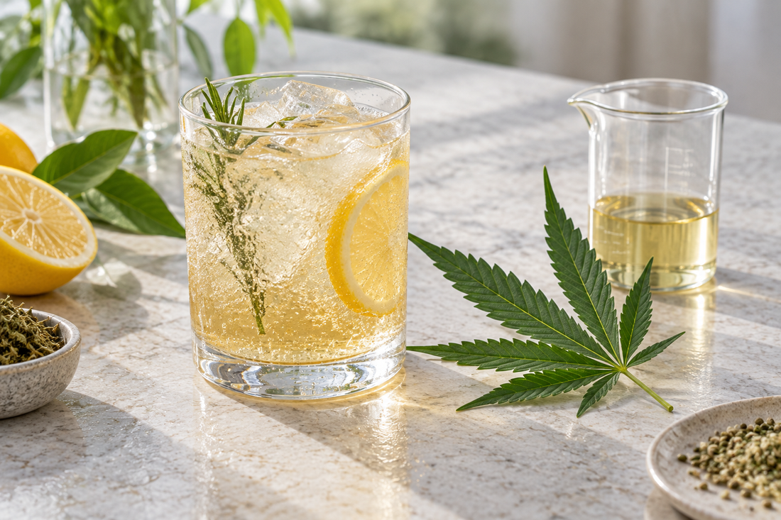 Illustration of a hemp beverage and laboratory stability testing