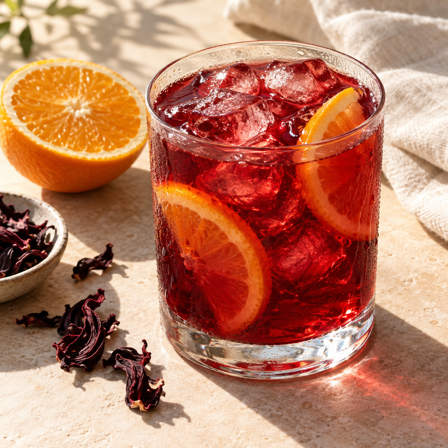 Ruby red hibiscus orange iced tea with orange slices and ice
