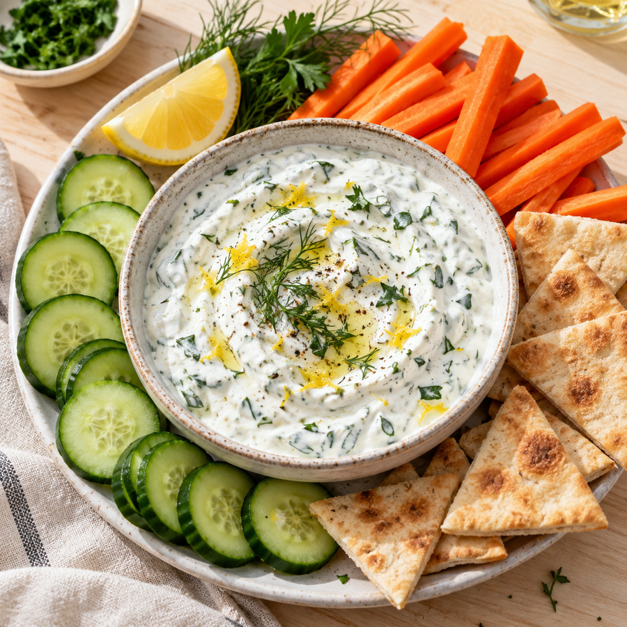 Lemon herb yogurt dip with dill, cucumber sticks, carrots, and pita