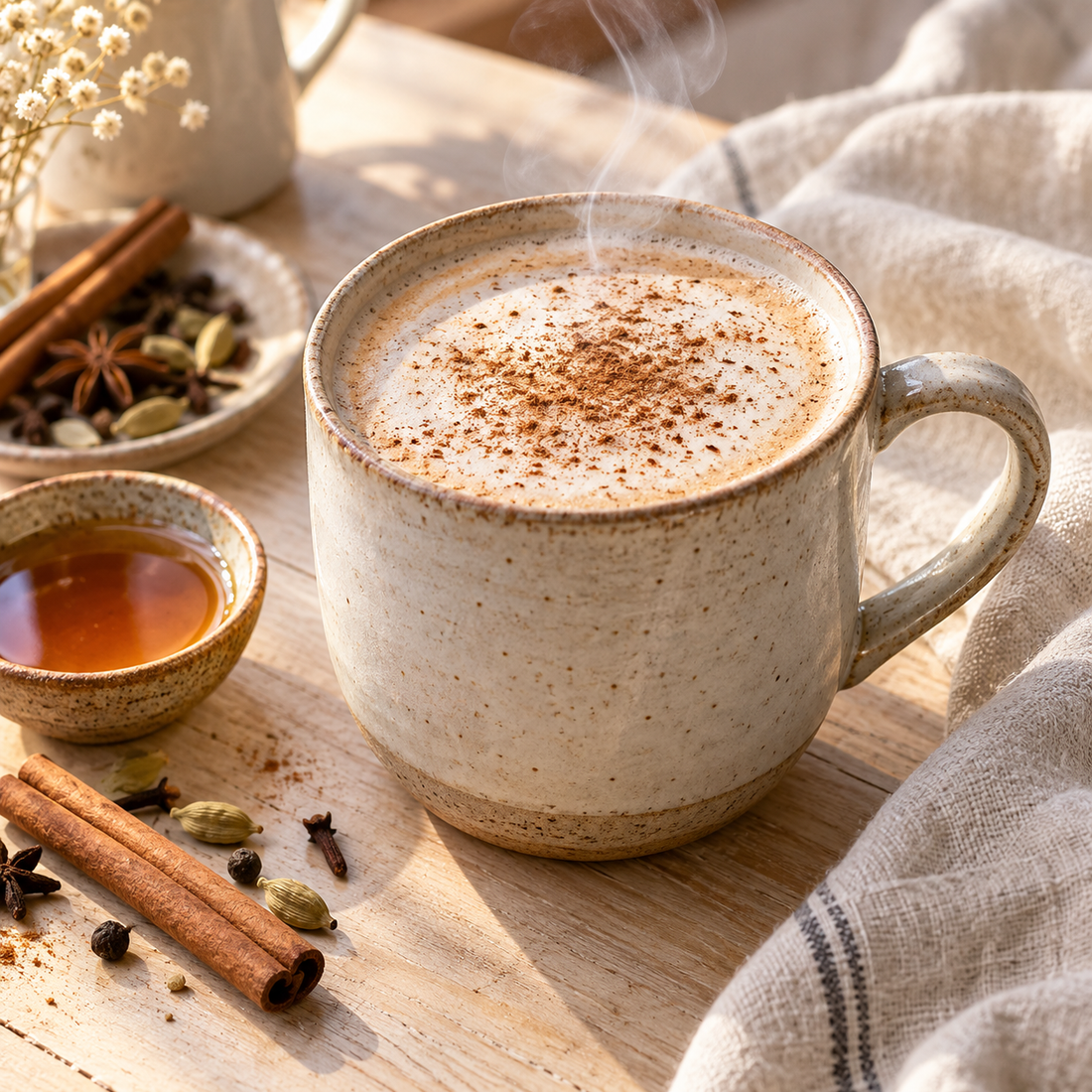 Warm maple chai oat latte in a mug with cinnamon and tea spices