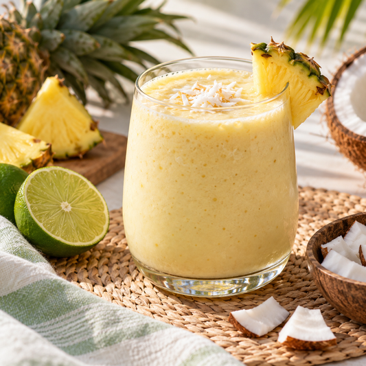 Pineapple coconut smoothie in a glass with pineapple and lime nearby