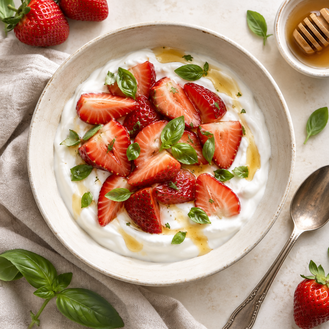 Strawberry yogurt bowl topped with basil, lemon, and granola