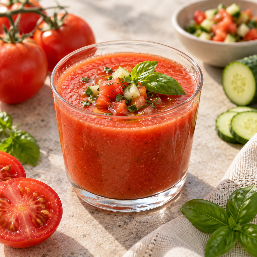 Chilled tomato basil gazpacho in a cup with cucumber and fresh basil