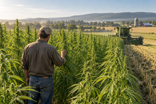 Illustration of hemp crops and a 2026 agricultural research report