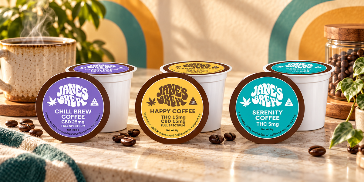 Jane’s Brew Hemp K-Cups arranged in a warm coffee setting