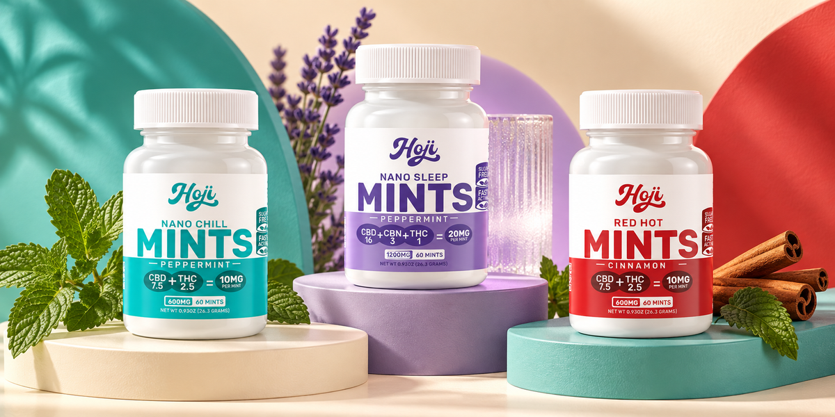 Jane’s Brew hemp mint jars in teal, purple, and red