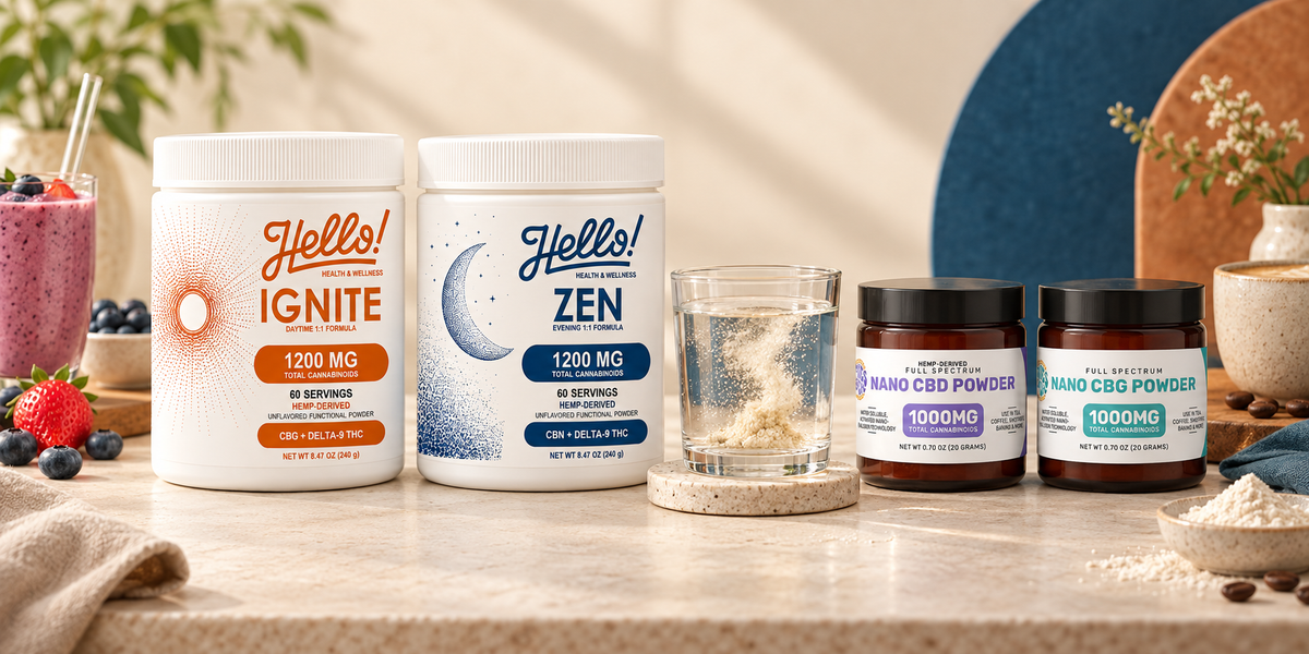 Jane’s Brew Hello IGNITE, Hello ZEN, CBD, and CBG powders